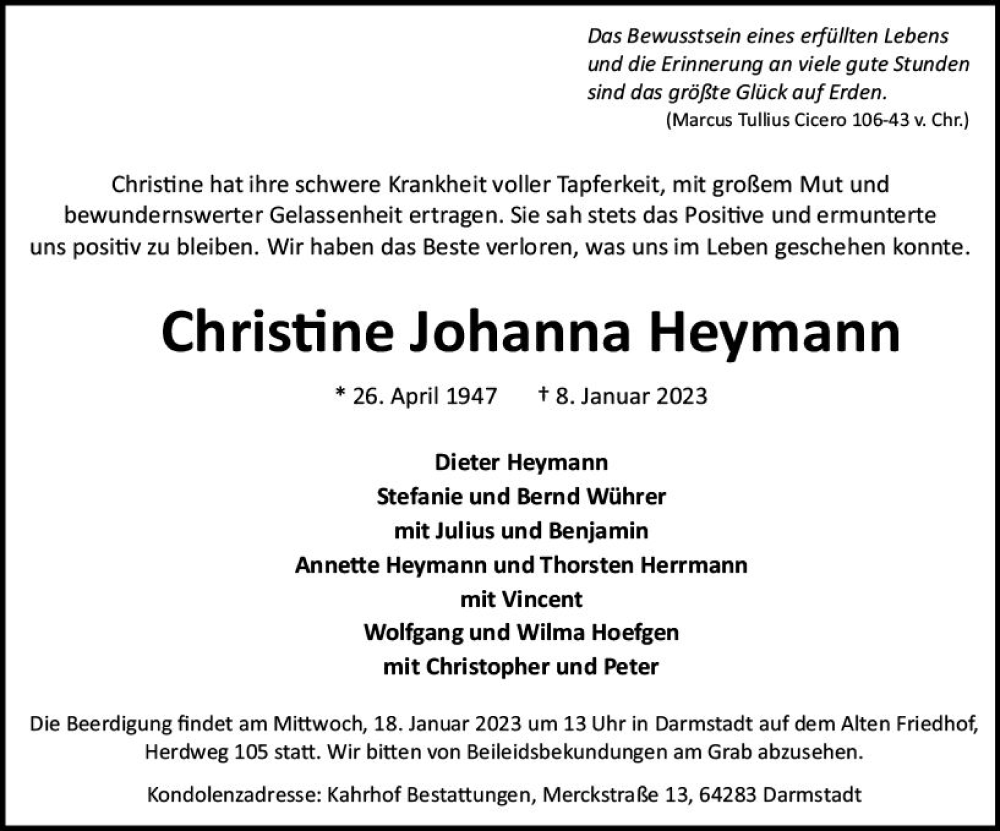  Traueranzeige für Christine Johanna Heymann vom 14.01.2023 aus Darmstädter Echo