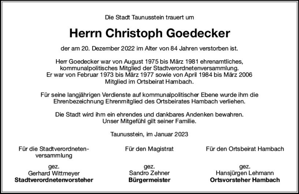  Traueranzeige für Christoph Goedecker vom 20.01.2023 aus Idsteiner Land / Untertaunus Kurier