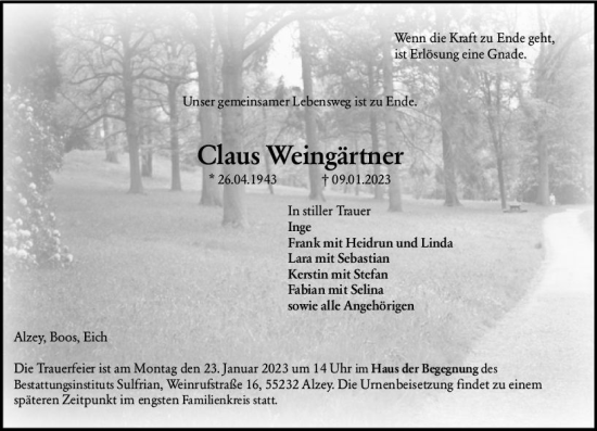 Traueranzeige von Claus Weingärtner von Allgemeine Zeitung Alzey