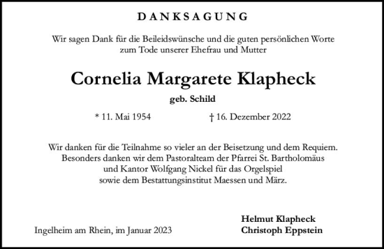 Traueranzeige von Cornelia Margarete Klapheck von Allgemeine Zeitung Ingelheim-Bingen