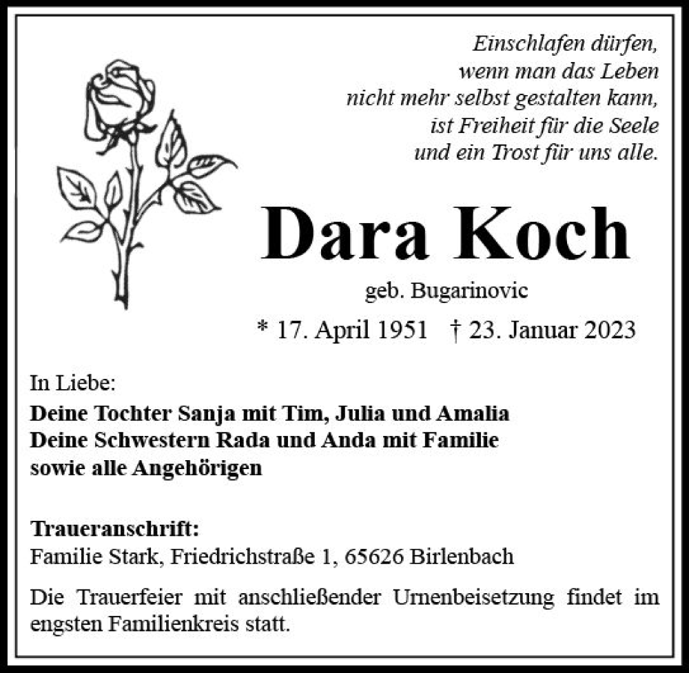  Traueranzeige für Dara Koch vom 28.01.2023 aus Allgemeine Zeitung Mainz