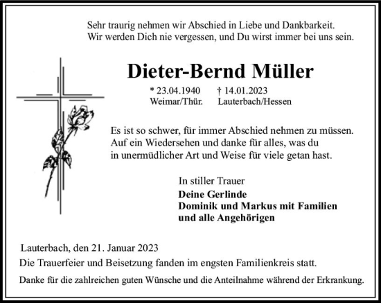 Traueranzeige von Dieter-Bernd Müller von VRM Trauer