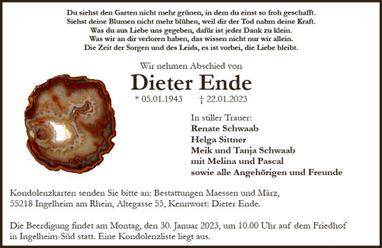 Traueranzeige von Dieter Ende von Allgemeine Zeitung Ingelheim-Bingen