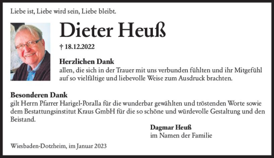 Traueranzeige von Dieter Heuß von Wiesbadener Kurier gesamt