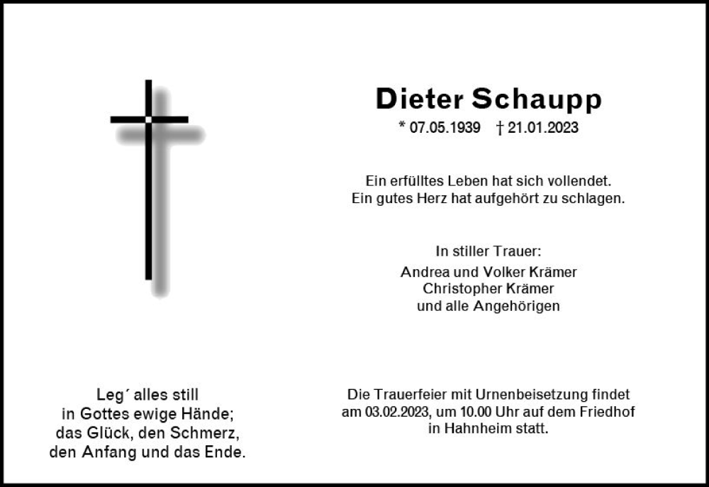  Traueranzeige für Dieter Schaupp vom 28.01.2023 aus Allgemeine Zeitung Mainz