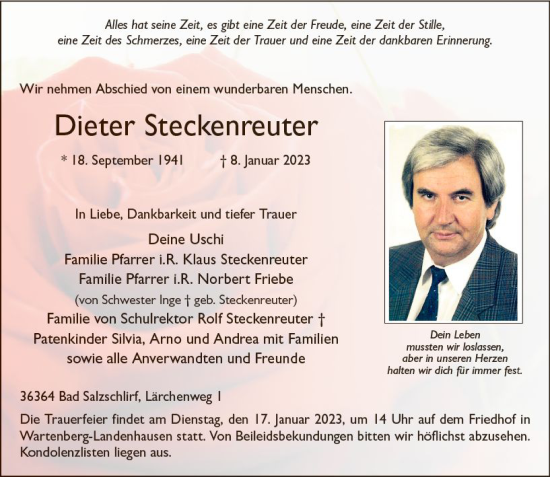 Traueranzeige von Dieter Steckenreuter von VRM Trauer