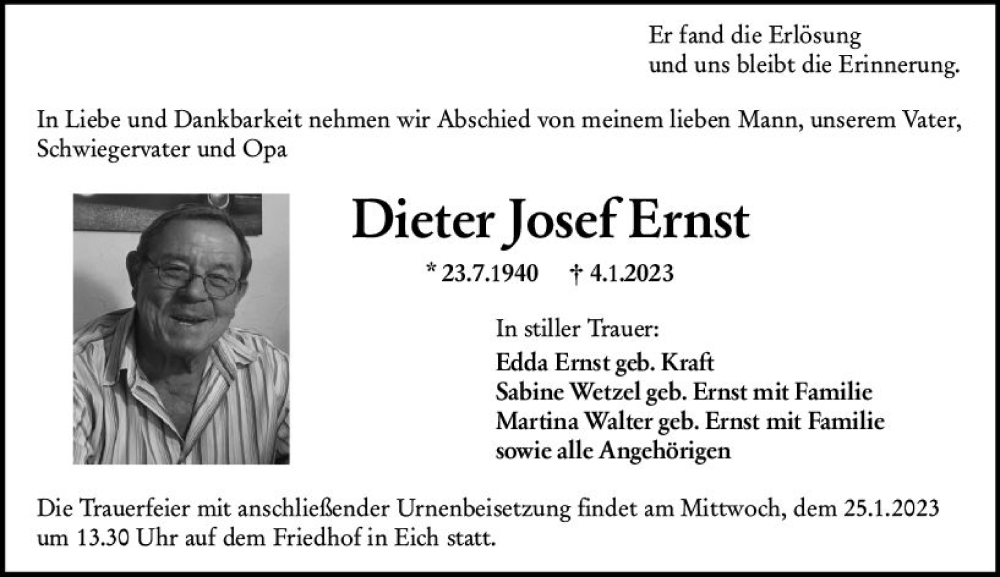  Traueranzeige für Dieter Josef Ernst vom 21.01.2023 aus Wormser Zeitung