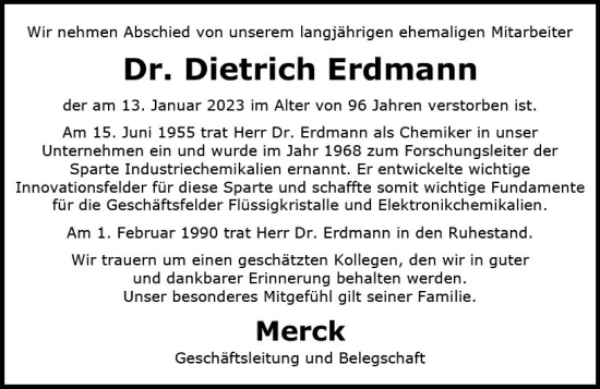 Traueranzeige von Dietrich Erdmann von Darmstädter Echo