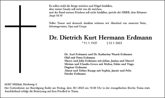 Traueranzeige von Dietrich Kurt Hermann Erdmann von Darmstädter Echo