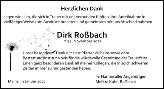 Traueranzeige von Dirk Roßbach von Allgemeine Zeitung Mainz