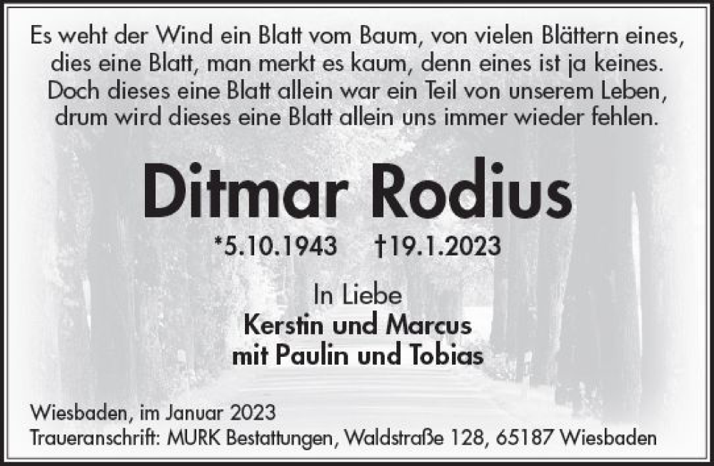  Traueranzeige für Ditmar Rodius vom 28.01.2023 aus Wiesbadener Kurier gesamt