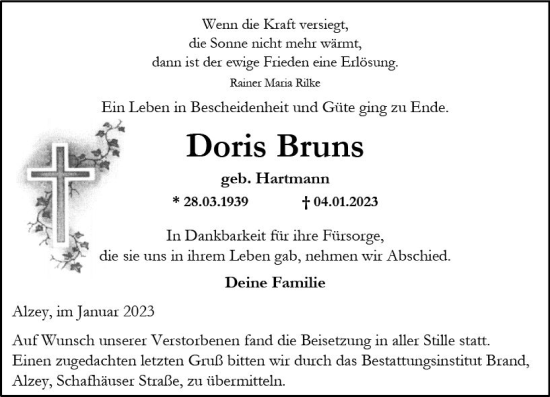 Traueranzeige von Doris Bruns von Allgemeine Zeitung Alzey