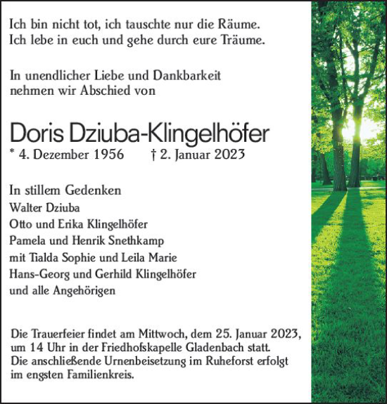 Traueranzeige von Doris Dziuba-Klingelhöfer von Hinterländer Anzeiger