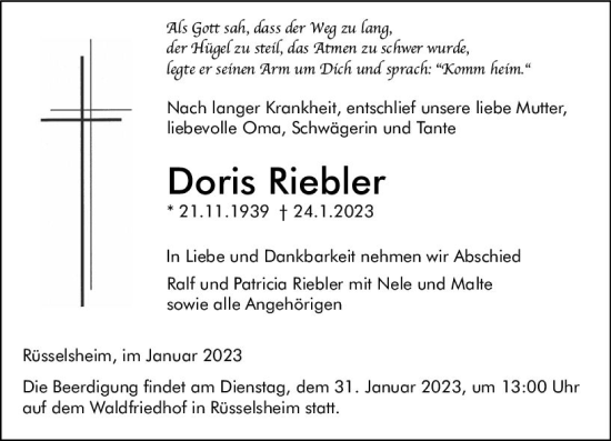 Traueranzeige von Doris Riebler von Rüsselsheimer Echo