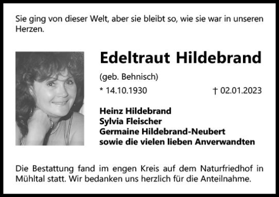 Traueranzeige von Edeltraut Hildebrand von Darmstädter Echo