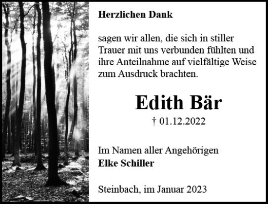 Traueranzeige von Edith Bär von Odenwälder Echo