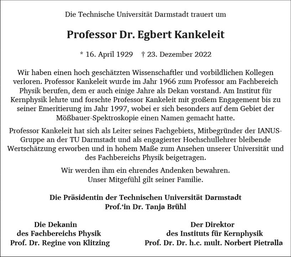  Traueranzeige für Renata und Egbert Kankeleit vom 14.01.2023 aus Darmstädter Echo