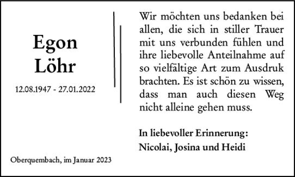  Traueranzeige für Egon Löhr vom 27.01.2023 aus Wetzlarer Neue Zeitung