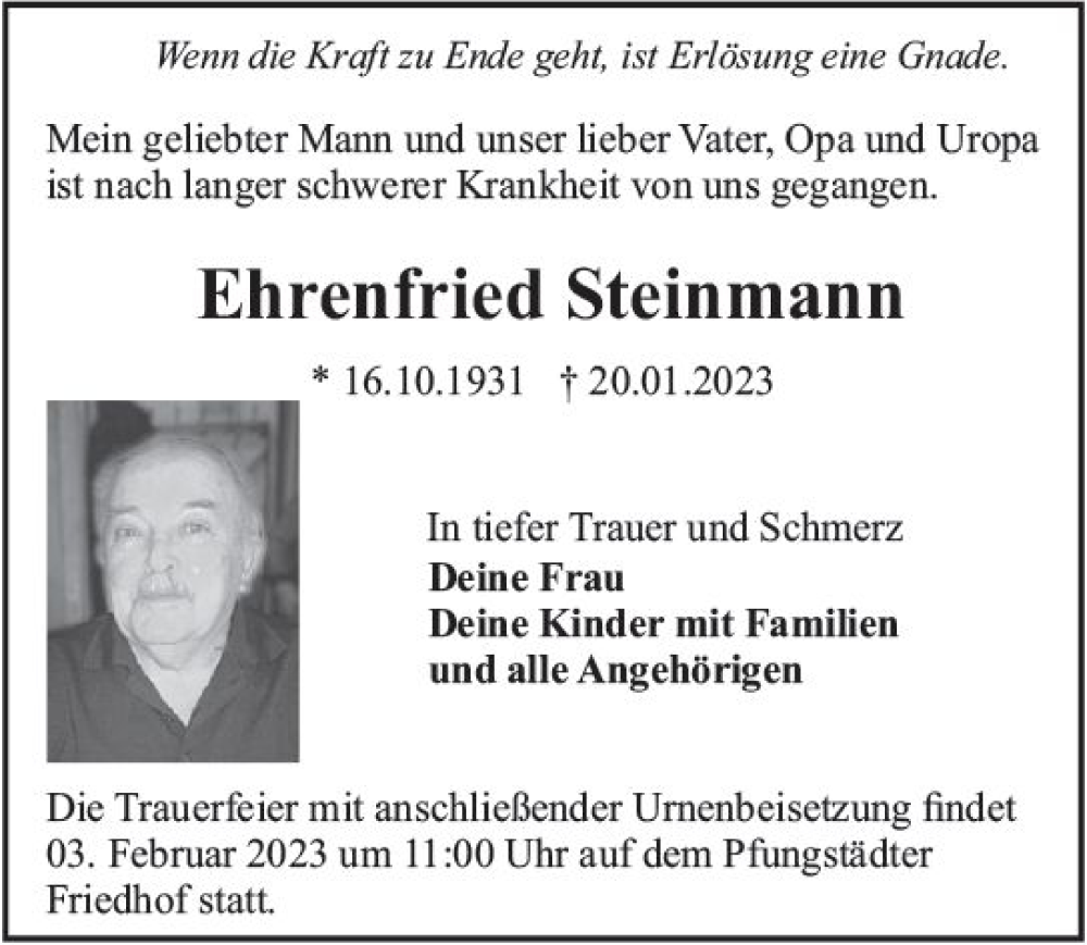 Traueranzeige für Ehrenfried Steinmann vom 28.01.2023 aus Darmstädter Echo