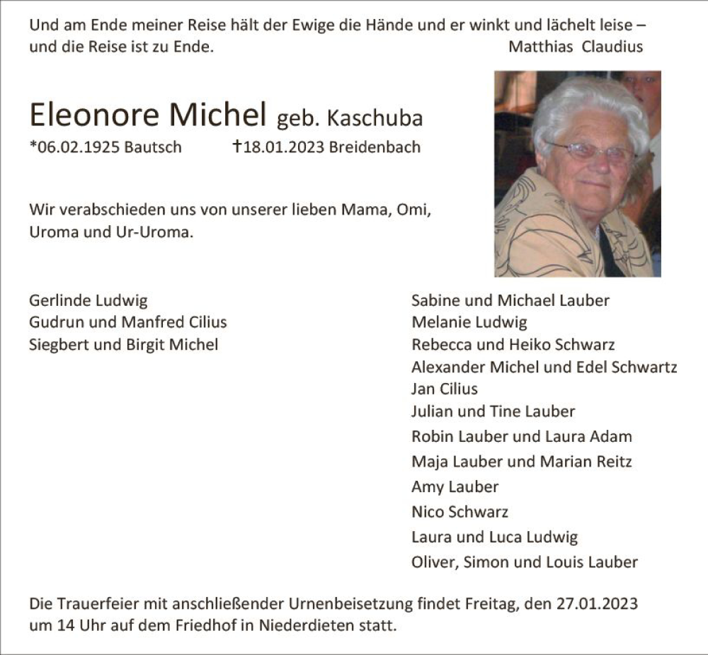  Traueranzeige für Eleonore Michel vom 24.01.2023 aus Hinterländer Anzeiger