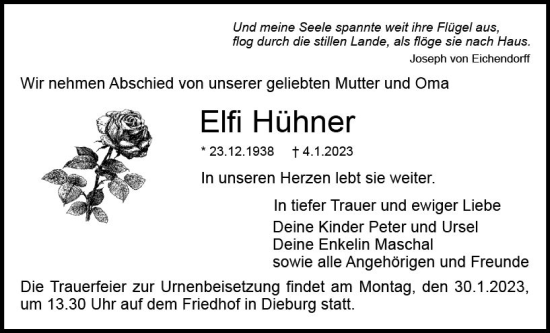 Traueranzeige von Elfi Hühner von DieburgerAnzeiger/Groß-Zimmerner Lokalanzeiger
