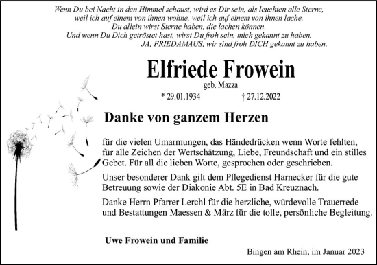 Traueranzeige von Elfriede Frowein von Allgemeine Zeitung Ingelheim-Bingen