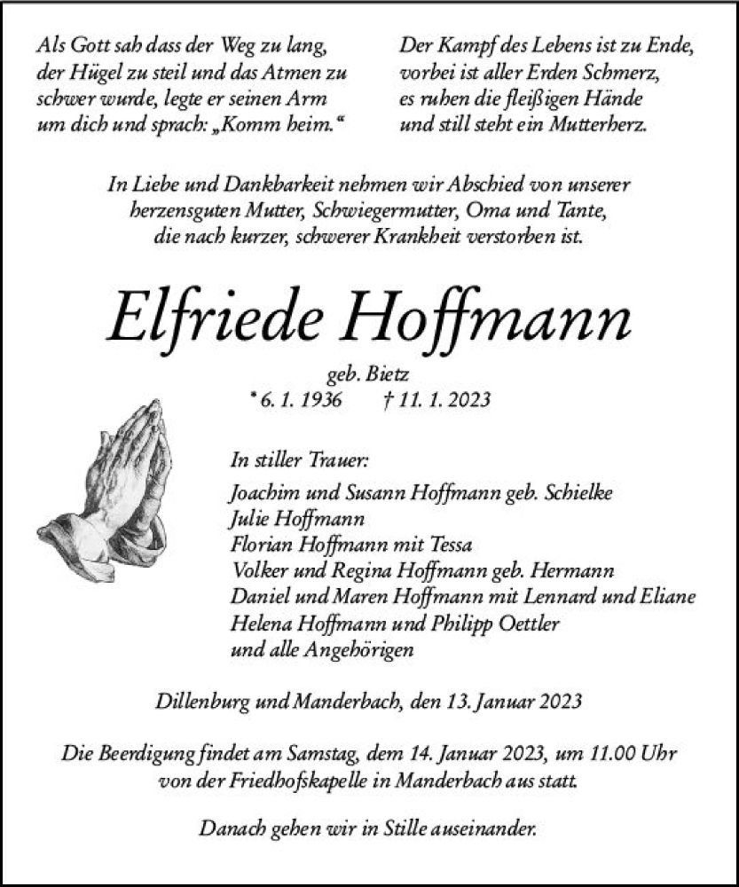  Traueranzeige für Elfriede Hoffmann vom 13.01.2023 aus Dill Block