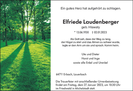 Traueranzeige von Elfriede Laudenberger von Odenwälder Echo