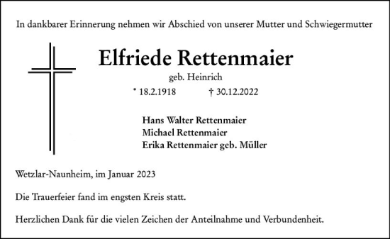 Traueranzeige von Elfriede Rettenmaier von Wetzlarer Neue Zeitung