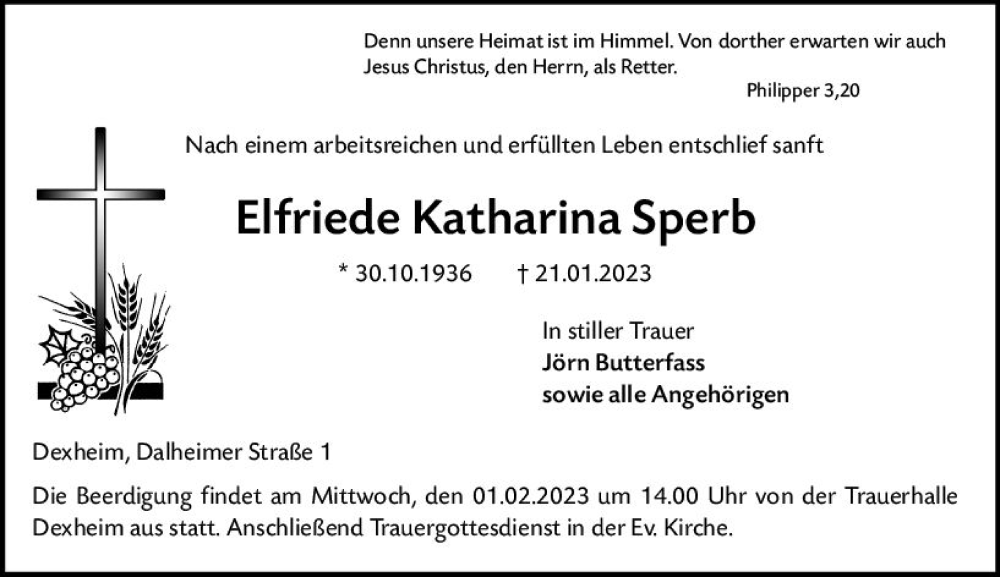  Traueranzeige für Elfriede Katharina Sperb vom 28.01.2023 aus Allgemeine Zeitung Mainz