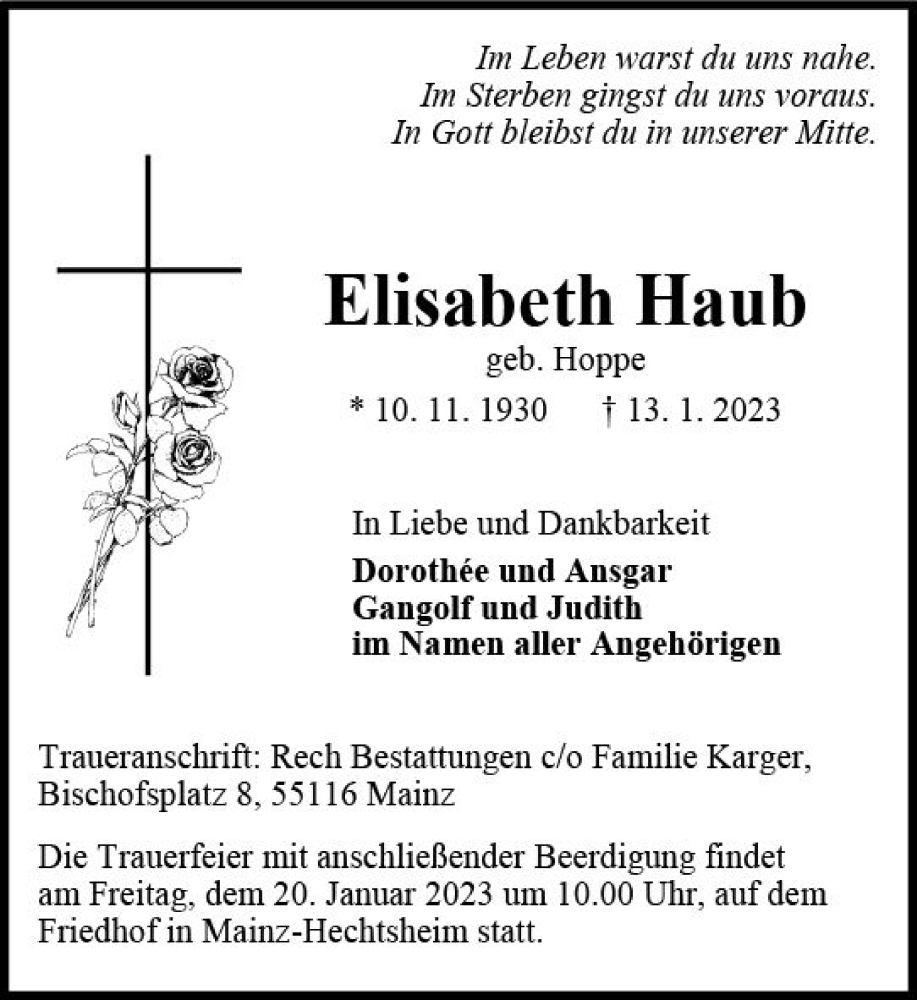  Traueranzeige für Elisabeth Haub vom 18.01.2023 aus Allgemeine Zeitung Mainz