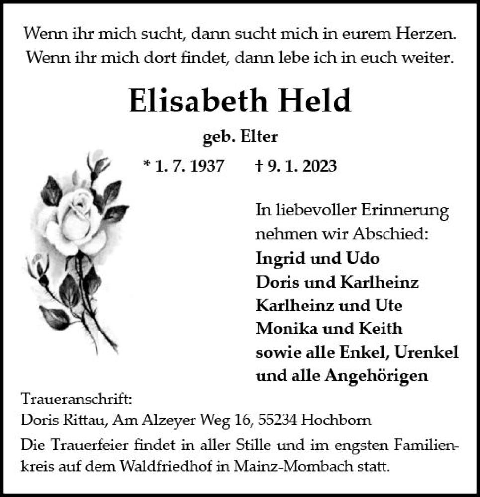  Traueranzeige für Elisabeth Held vom 21.01.2023 aus Allgemeine Zeitung Mainz