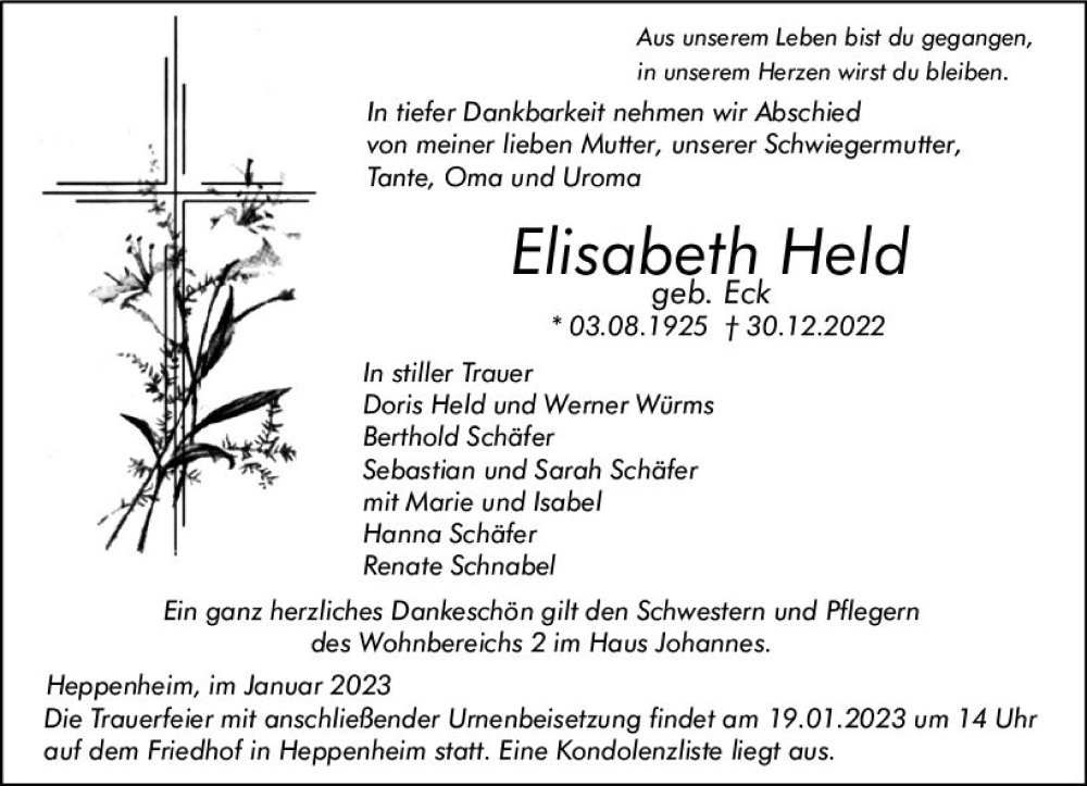  Traueranzeige für Elisabeth Held vom 14.01.2023 aus Starkenburger Echo