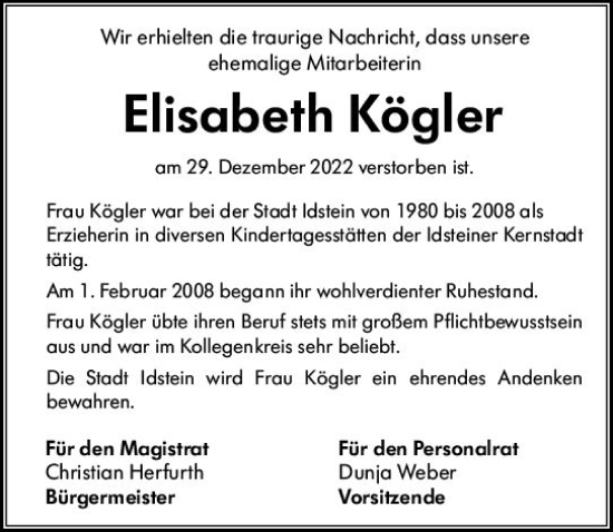 Traueranzeige von Elisabeth Kögler von Idsteiner Land / Untertaunus Kurier