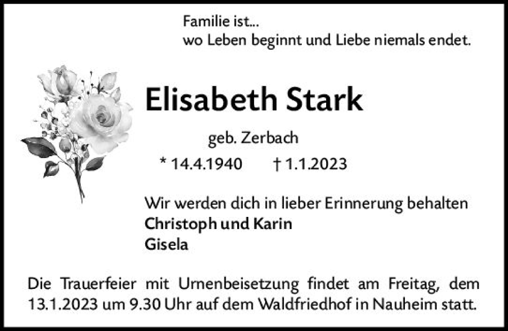  Traueranzeige für Elisabeth Stark vom 11.01.2023 aus vrm-trauer Rüsselsheimer Echo / MainSpitze