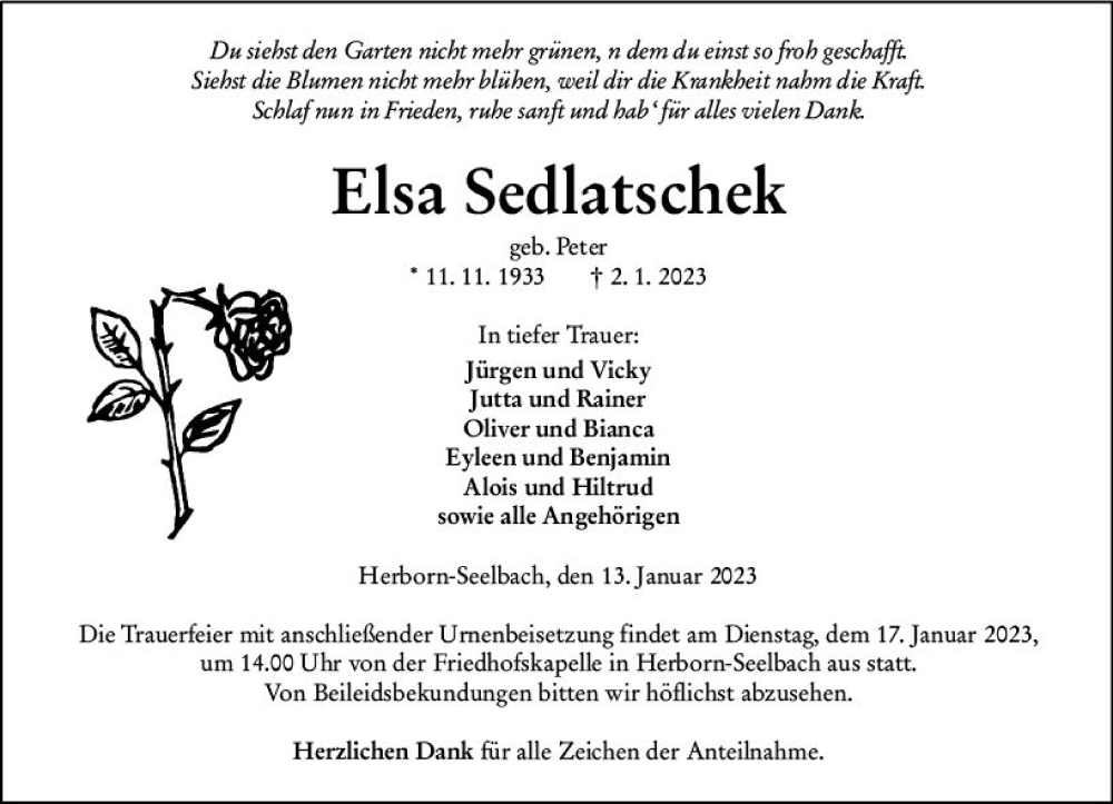  Traueranzeige für Elsa Sedlatschek vom 13.01.2023 aus Dill Block