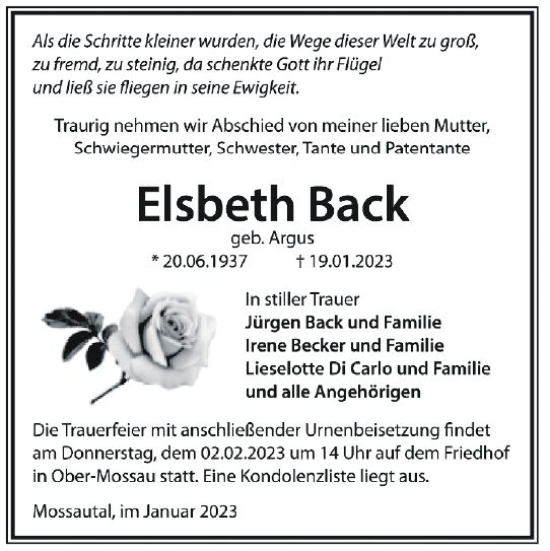 Traueranzeige von Elsbeth Back von Odenwälder Echo