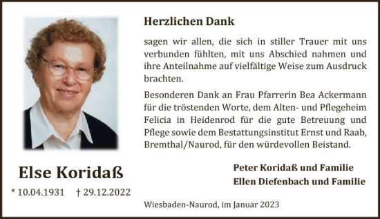 Traueranzeige von Else Koridaß von Wiesbadener Kurier gesamt