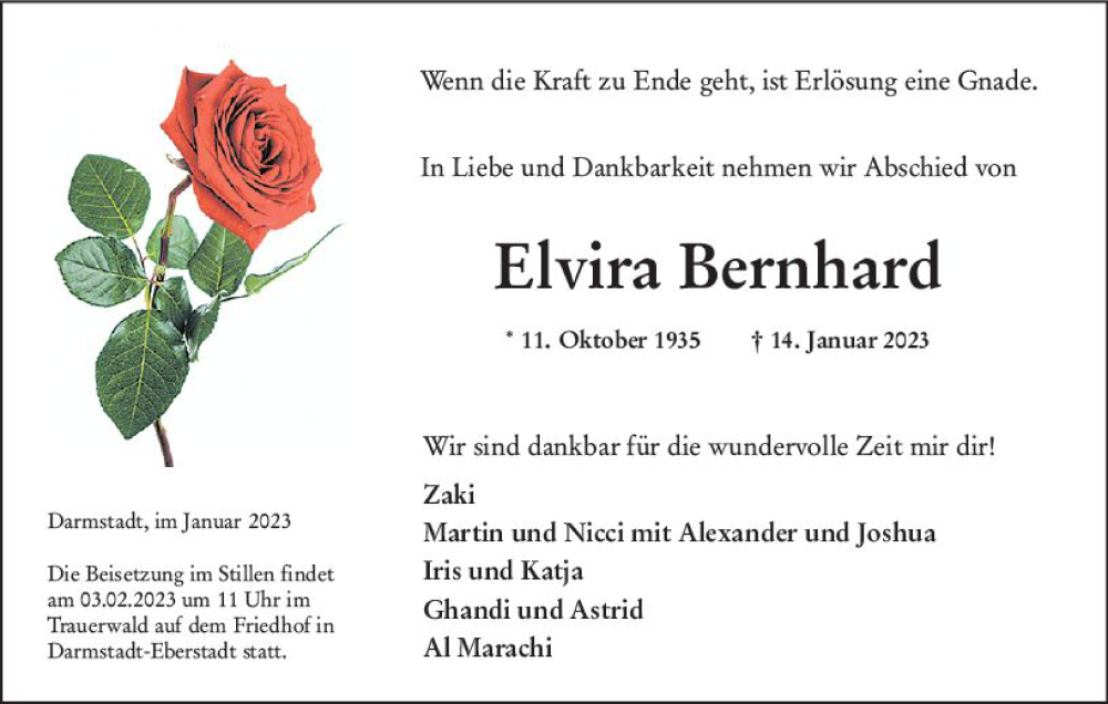  Traueranzeige für Elvira Bernhard vom 28.01.2023 aus Darmstädter Echo