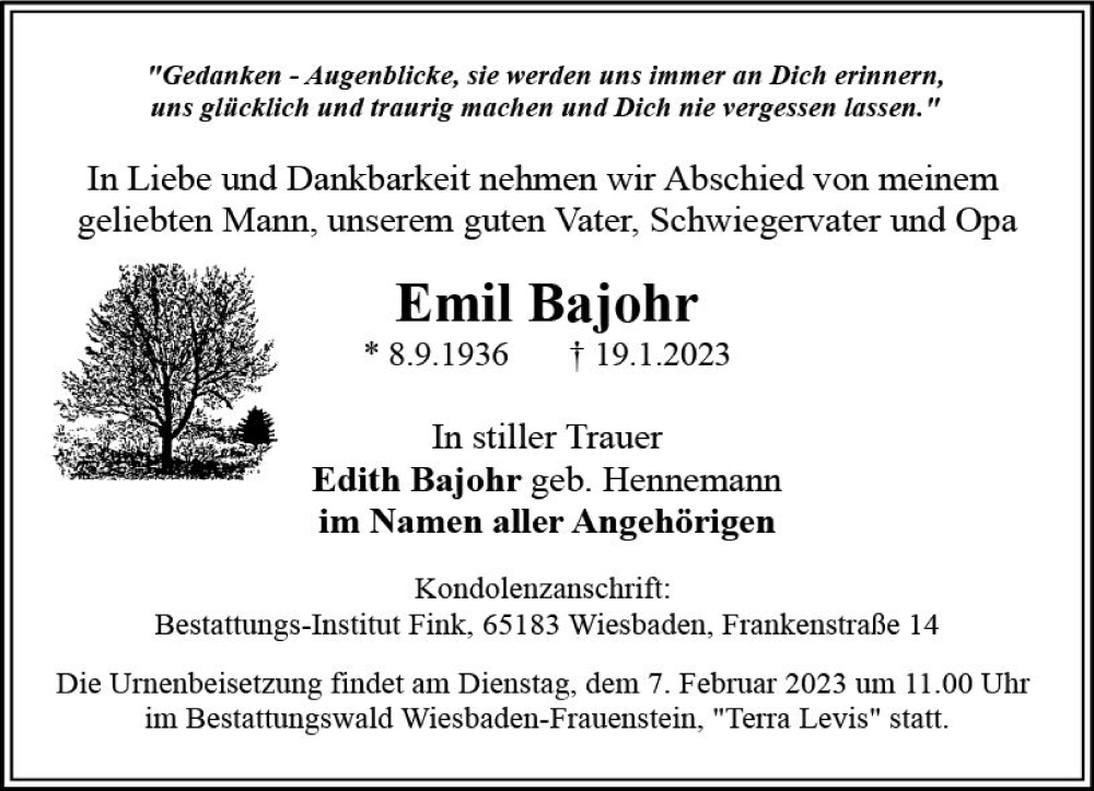  Traueranzeige für Emil Bajohr vom 28.01.2023 aus Wiesbadener Kurier gesamt