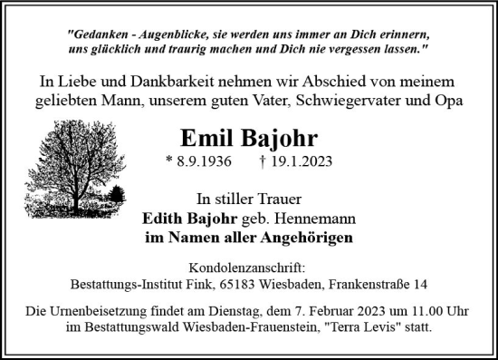 Traueranzeige von Emil Bajohr von Wiesbadener Kurier gesamt