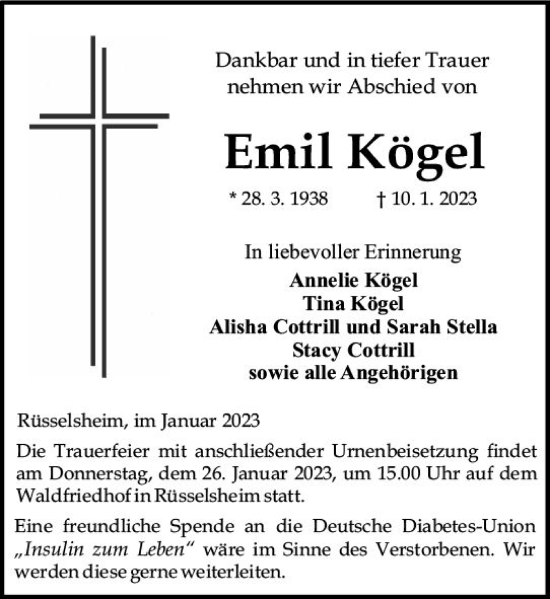 Traueranzeige von Emil Kögel von Rüsselsheimer Echo