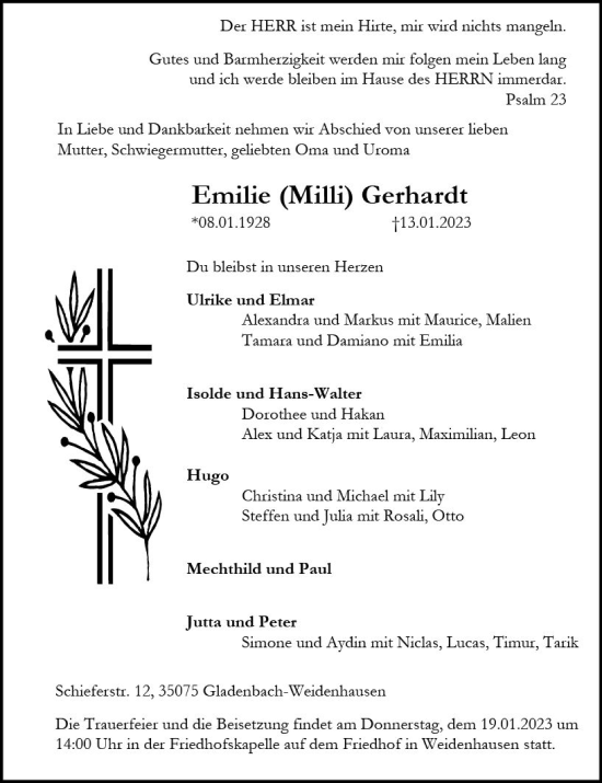 Traueranzeige von Emilie Gerhardt von Hinterländer Anzeiger