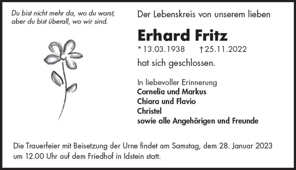  Traueranzeige für Erhard Fritz vom 14.01.2023 aus Idsteiner Land / Untertaunus Kurier