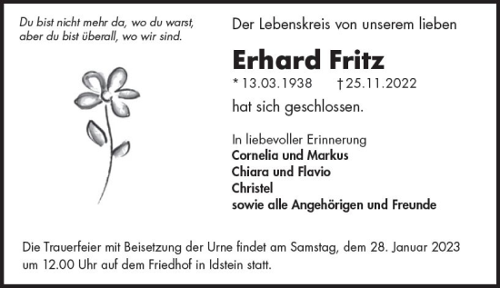 Traueranzeige von Erhard Fritz von Idsteiner Land / Untertaunus Kurier