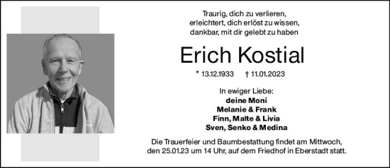 Traueranzeige von Erich Kostial von Darmstädter Echo