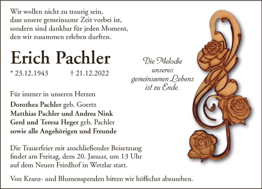  Traueranzeige für Erich Pachler vom 14.01.2023 aus Wetzlarer Neue Zeitung