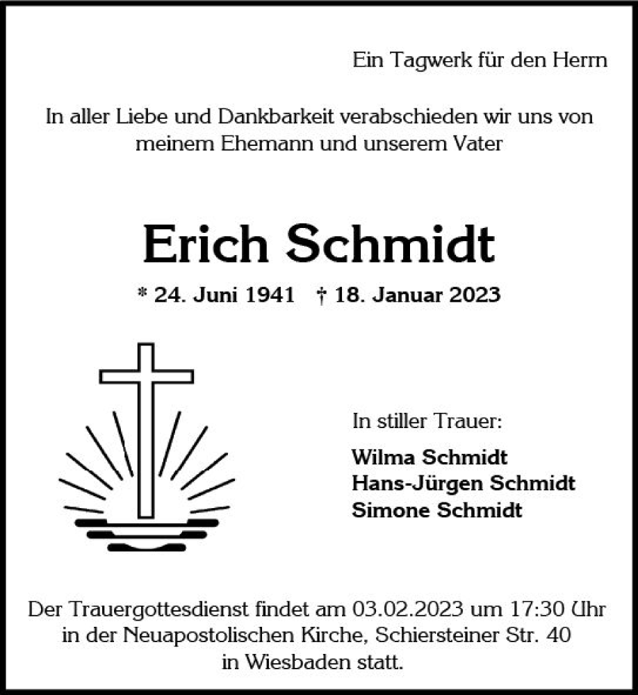  Traueranzeige für Erich Schmidt vom 28.01.2023 aus Wiesbadener Kurier gesamt
