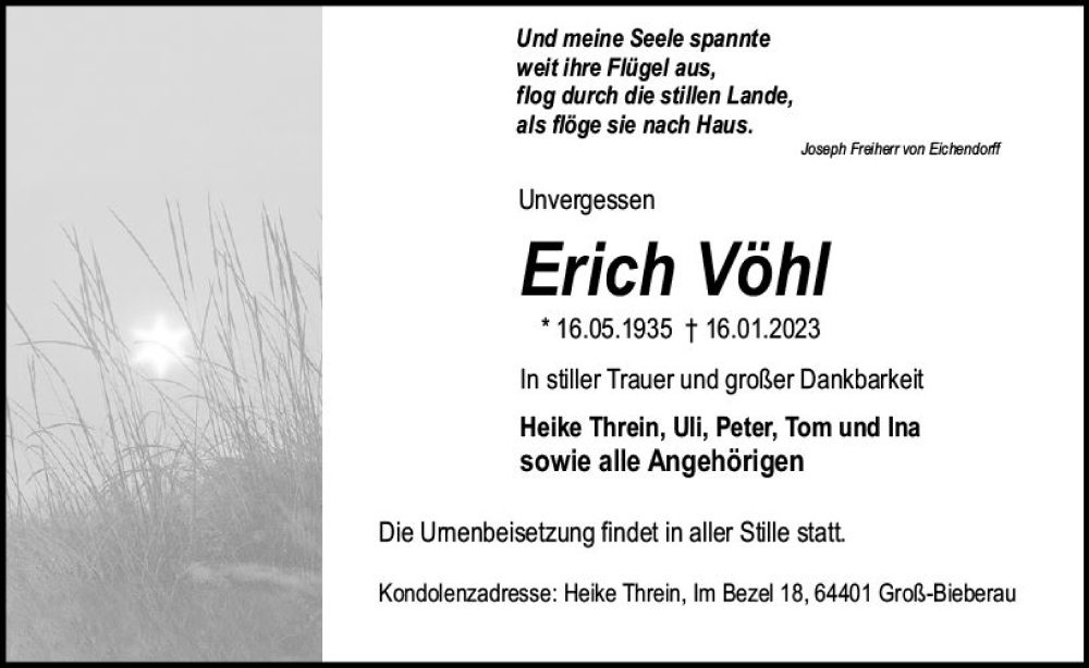  Traueranzeige für Erich Vöhl vom 28.01.2023 aus Darmstädter Echo