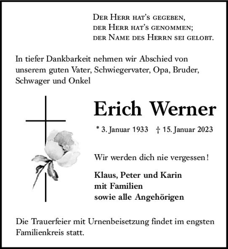  Traueranzeige für Erich Werner vom 28.01.2023 aus Rüsselsheimer Echo